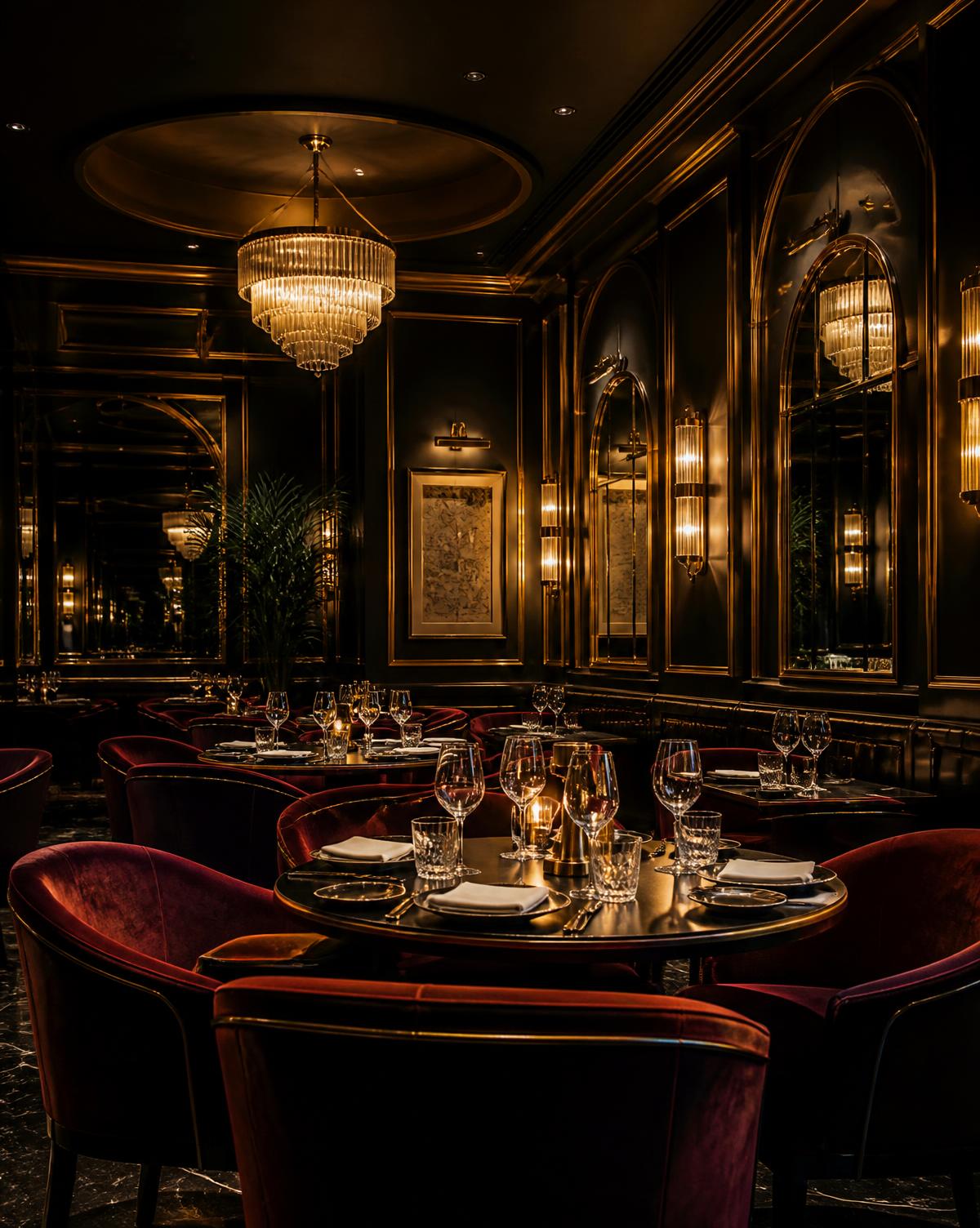 KABUL dining room with velvet seating and chandeliers