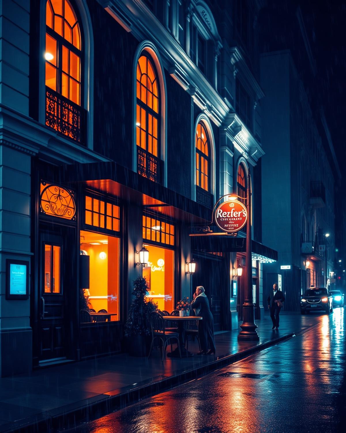 Restaurant façade at night